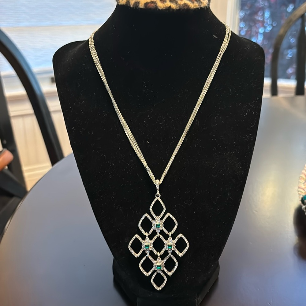 Silver Tone Necklace with Green Glass Stones
